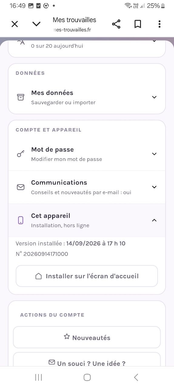 La rubrique Cet appareil dans le profil Mes Trouvailles sur Android