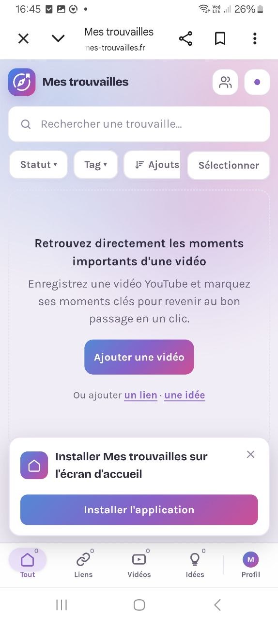 Le bouton Installer l’application affiché dans Mes Trouvailles sur Android
