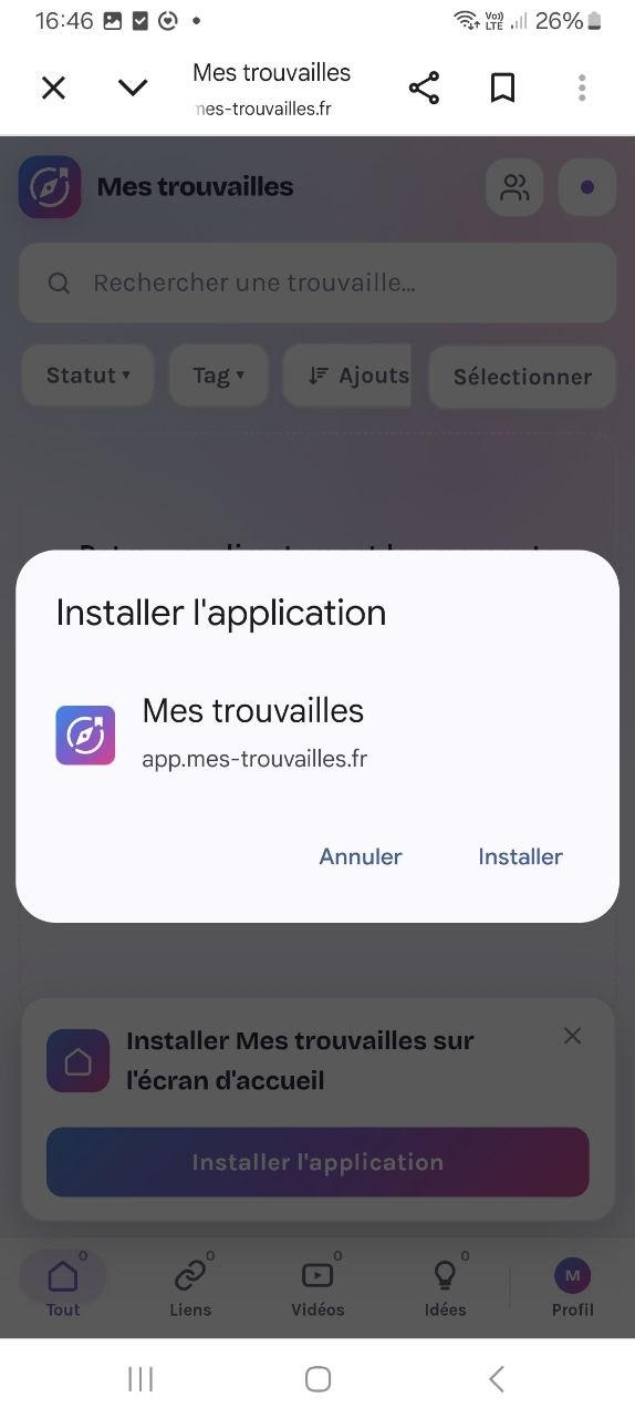 La fenêtre Android demandant de confirmer l’installation de Mes Trouvailles