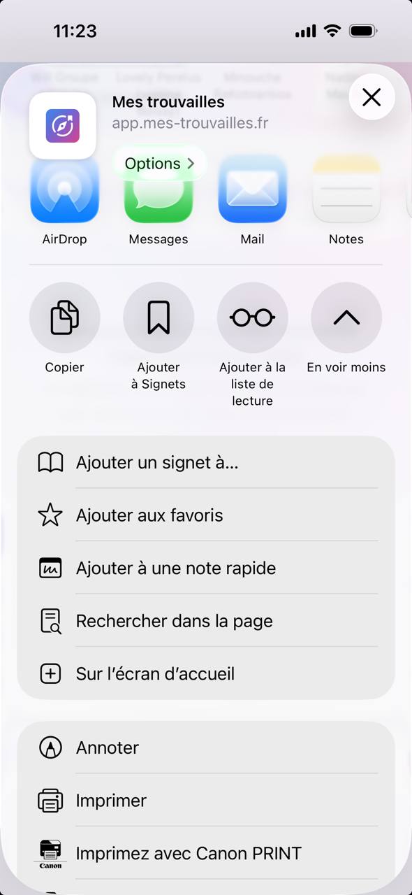 La feuille de partage Safari avec l'option Sur l'écran d'accueil