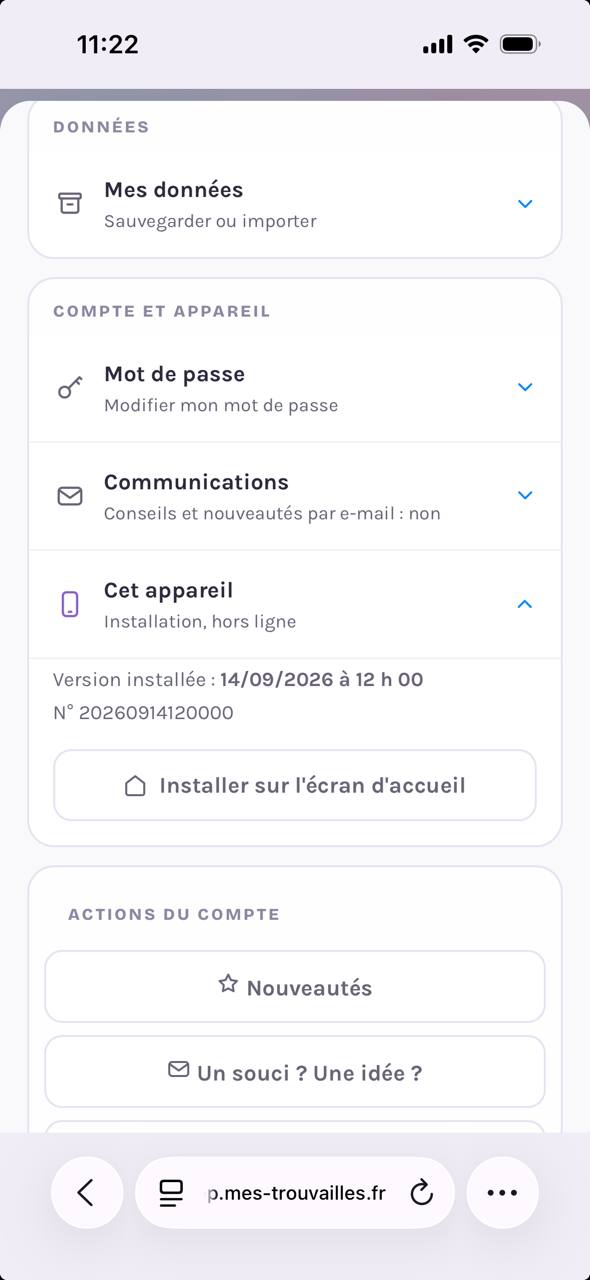 Dans le profil Mes Trouvailles, la rubrique Cet appareil et le bouton Installer sur l'écran d'accueil
