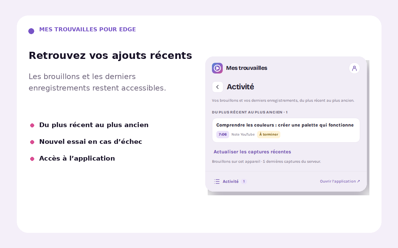 Activité de l’extension avec les brouillons et les dernières captures