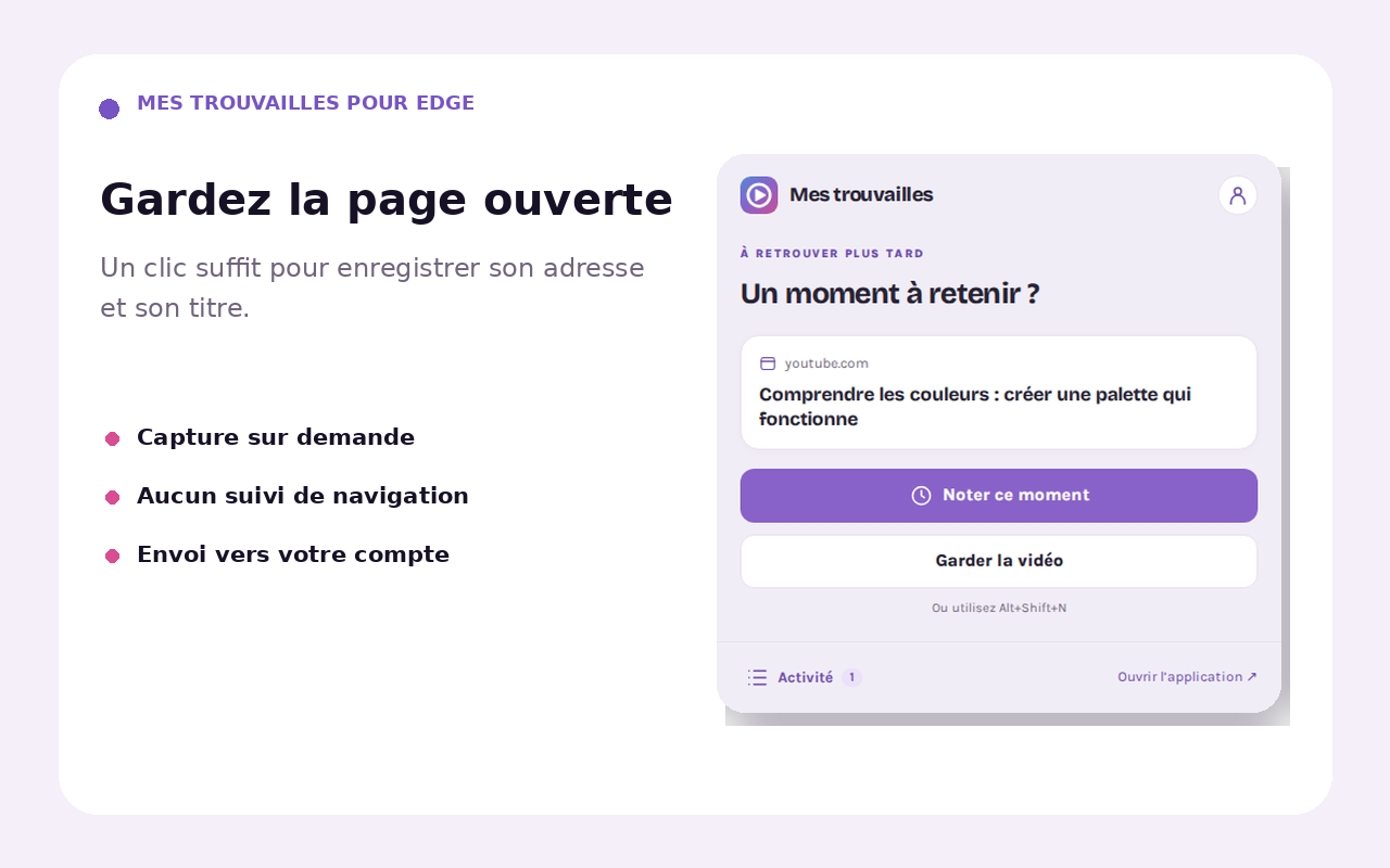 Fenêtre de l’extension Mes Trouvailles pour garder la page ouverte