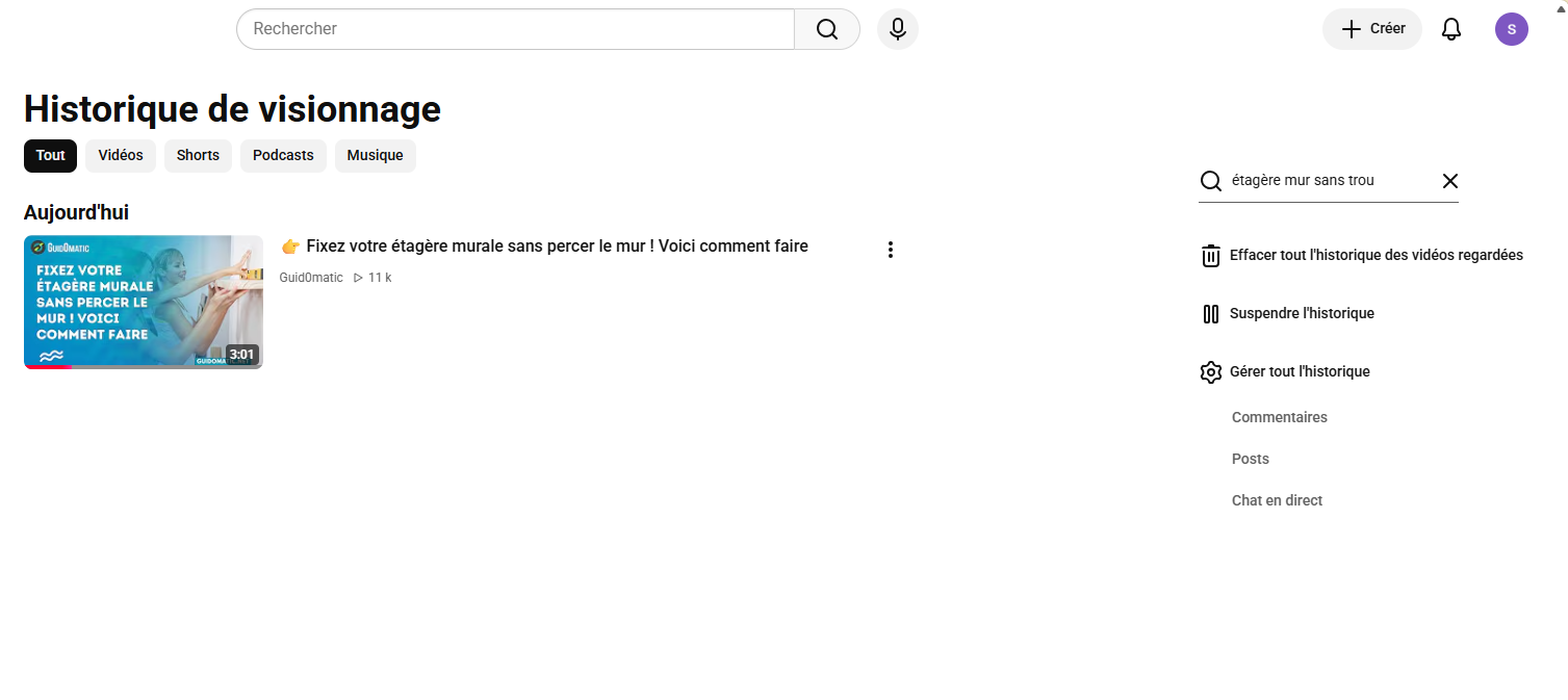 Recherche dans l’historique YouTube avec quelques mots pour retrouver une vidéo déjà regardée.