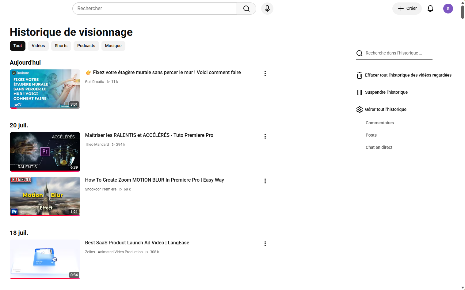 Historique de visionnage YouTube permettant de retrouver une vidéo déjà regardée.