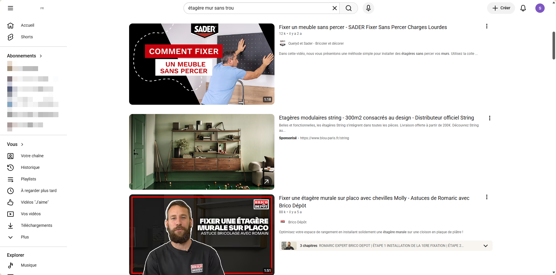 Résultats YouTube pour retrouver une vidéo à partir de quelques mots dont on se souvient.